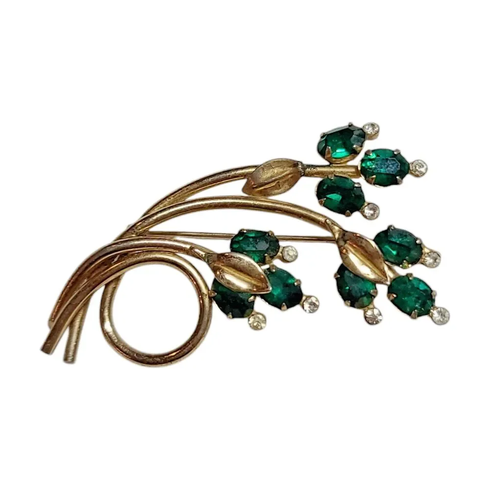 Green Marquise Rhinestone Floral Spray Brooch Pin Gold Tone Prong Vintage